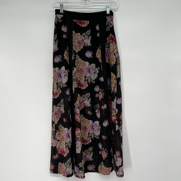 MINKPINK Dresses & Skirts - MinkPink Long Skirt Women's Sz XS Black Purple Rose Allover Floral Print Sheer